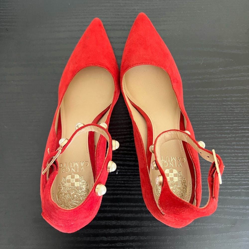 Vince Camuto Red Suede Heels with Pearl Accents